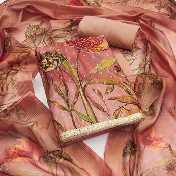 Peach color hand work modal cotton jacquard straight churidar dress material 1