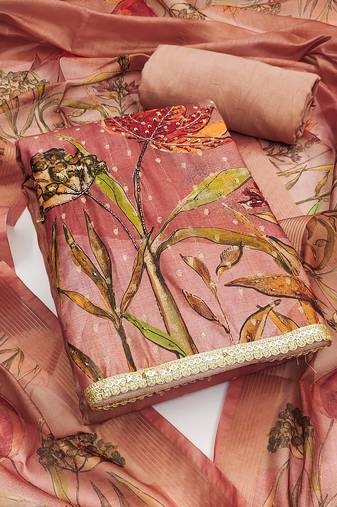 Peach color hand work modal cotton jacquard straight churidar dress material