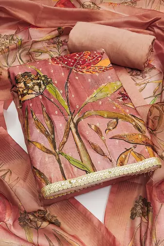 Peach color hand work modal cotton jacquard straight churidar dress material