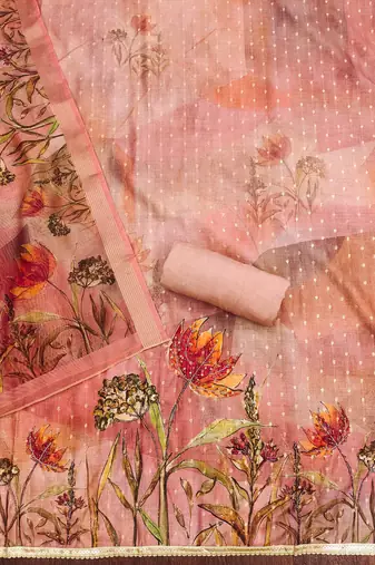Peach color hand work modal cotton jacquard straight churidar dress material