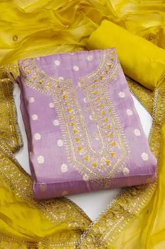 Lavender color weaving simmer silk straight churidar dress material