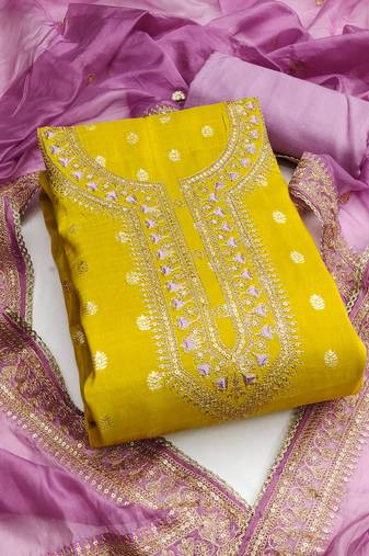 Yellow color weaving simmer silk straight churidar dress material