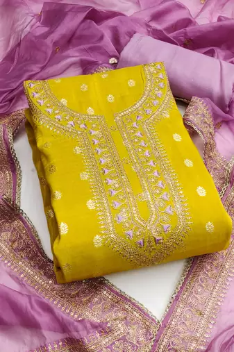 Yellow color weaving simmer silk straight churidar dress material