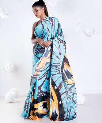 Sylvie satin georgette digital printed  saree in blue color 1
