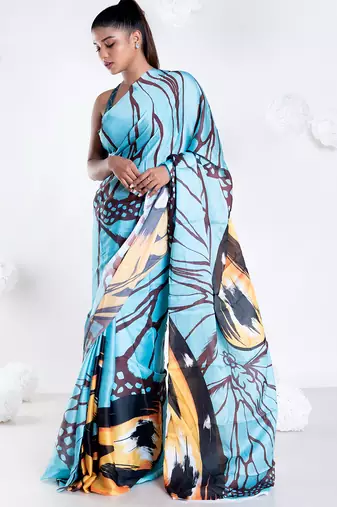 Sylvie satin georgette digital printed  saree in blue color