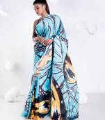 Sylvie satin georgette digital printed  saree in blue color