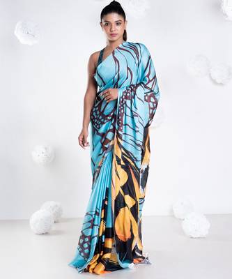 Sylvie satin georgette digital printed  saree in blue color 2