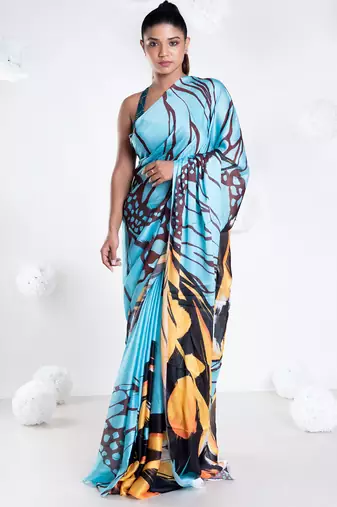Sylvie satin georgette digital printed  saree in blue color