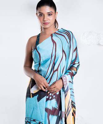 Sylvie satin georgette digital printed  saree in blue color 3
