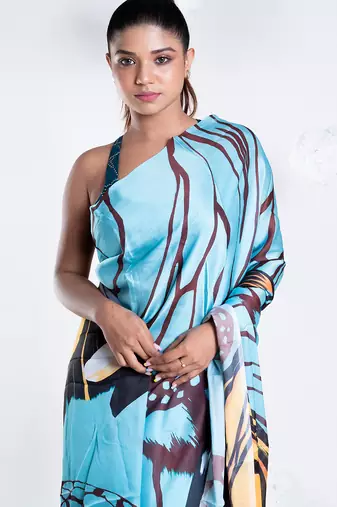 Sylvie satin georgette digital printed  saree in blue color