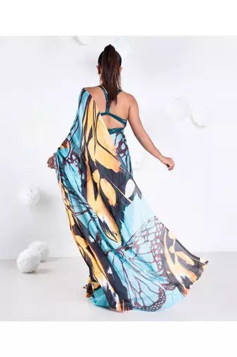 Sylvie satin georgette digital printed  saree in blue color