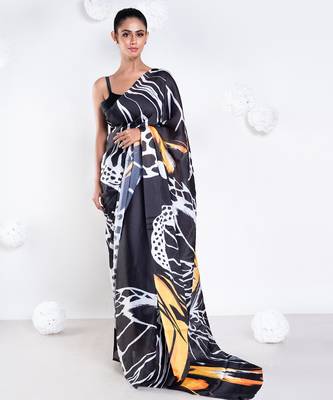 Adle satin georgette digital printed  saree in black color 1