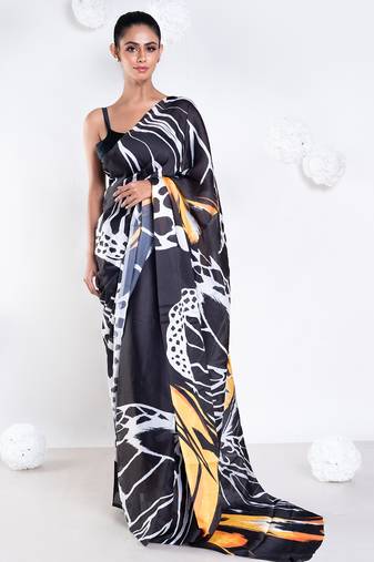 Adle satin georgette digital printed  saree in black color