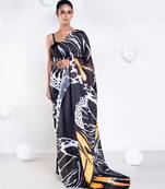 Adle satin georgette digital printed  saree in black color