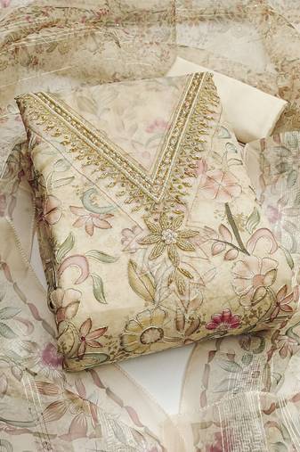 Off white color sequence heavy organza straight churidar dress material