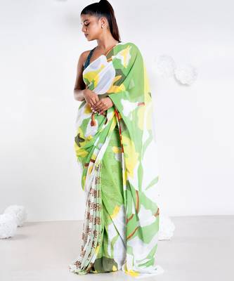Gisele georgette digital printed  saree in green color 1
