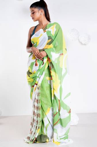 Gisele georgette digital printed  saree in green color