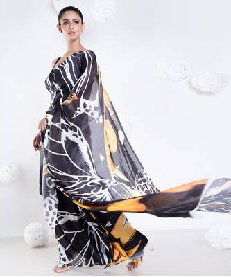 Adle satin georgette digital printed  saree in black color 3