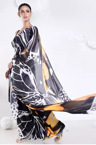 Adle satin georgette digital printed  saree in black color