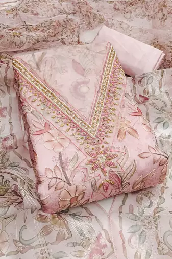 Baby pink color sequence heavy organza straight churidar dress material