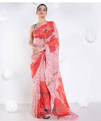 Sephore georgette digital printed  saree in ivory color 1