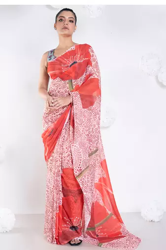 Sephore georgette digital printed  saree in ivory color