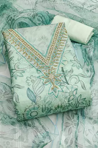 Sea green color sequence heavy organza straight churidar dress material