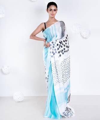 Manon satin georgette digital printed  saree in blue color 1