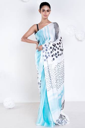 Manon satin georgette digital printed  saree in blue color