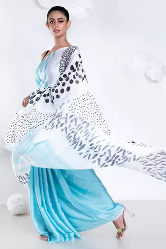 Manon satin georgette digital printed  saree in blue color