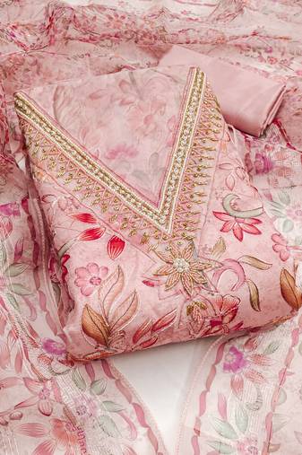 Pink color sequence heavy organza straight churidar dress material