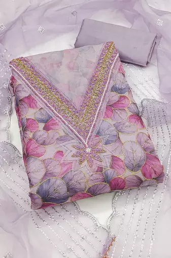 Lavender color sequence heavy organza straight churidar dress material