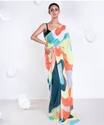 Zoe georgette digital printed  saree in green color 1