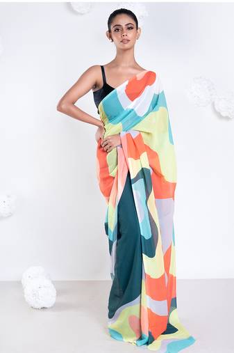 Zoe georgette digital printed  saree in green color