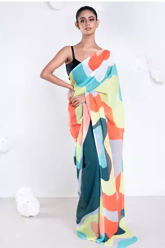 Zoe georgette digital printed  saree in green color