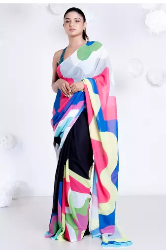 Camella georgette digital printed  saree in black color