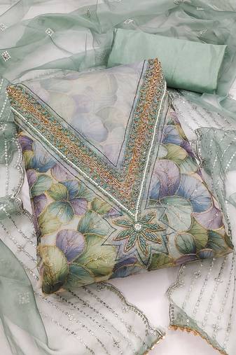 Sea green color sequence heavy organza straight churidar dress material