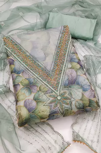 Sea green color sequence heavy organza straight churidar dress material