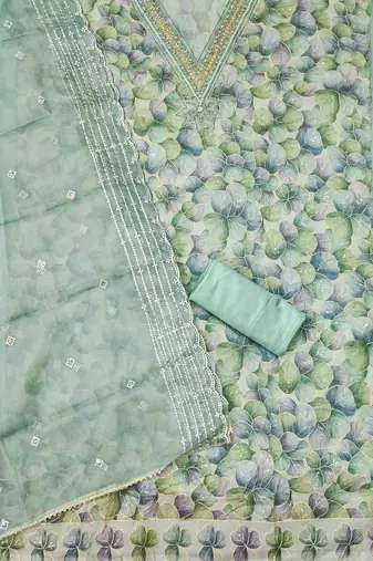 Sea green color sequence heavy organza straight churidar dress material
