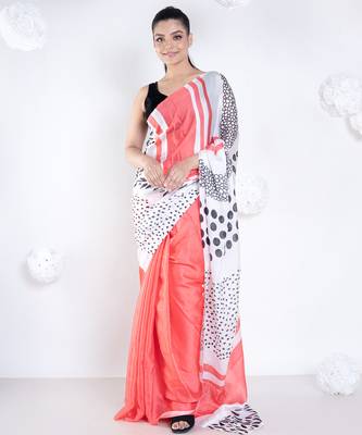 Lucie satin georgette digital printed  saree in coral color 1