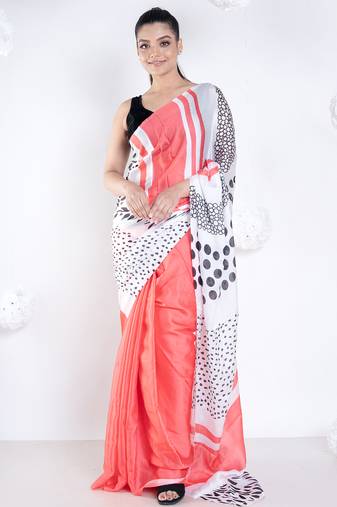 Lucie satin georgette digital printed  saree in coral color