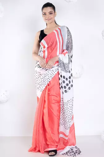 Lucie satin georgette digital printed  saree in coral color
