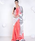 Lucie satin georgette digital printed  saree in coral color