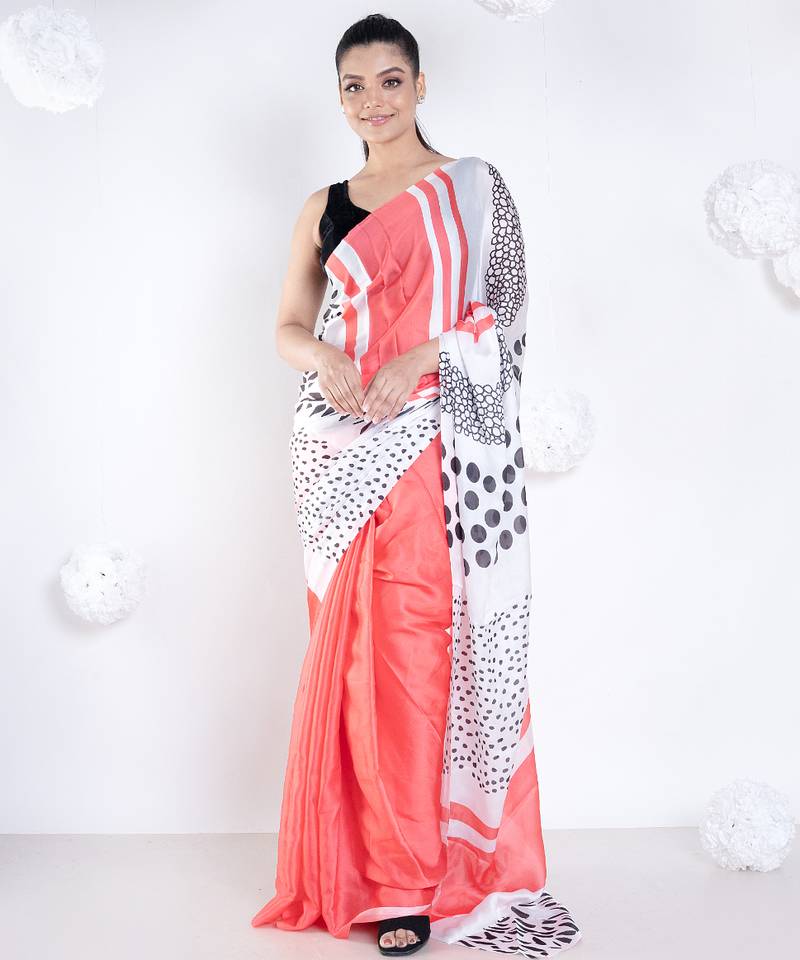 Lucie satin georgette digital printed  saree in coral color