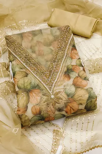 Lime green color sequence heavy organza straight churidar dress material