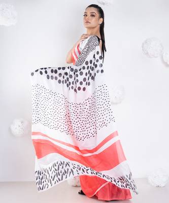 Lucie satin georgette digital printed  saree in coral color 2