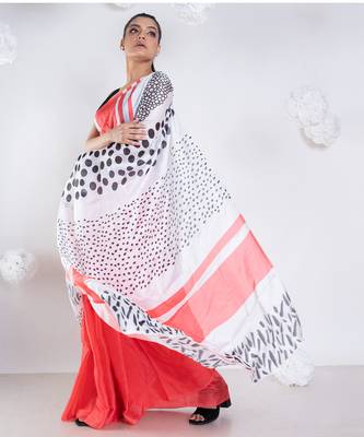 Lucie satin georgette digital printed  saree in coral color 3