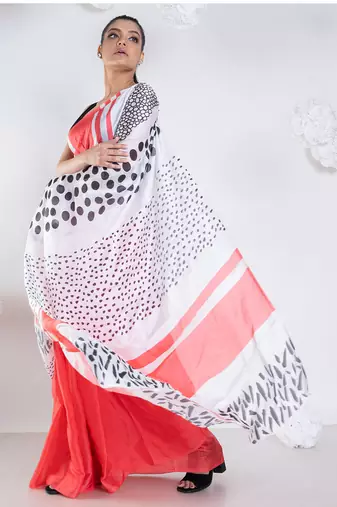 Lucie satin georgette digital printed  saree in coral color