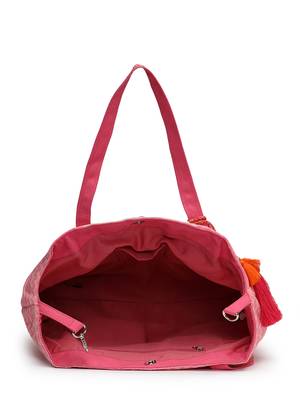 folklore edit flamingo pink cotton diamond beaded hobo bag 7