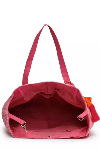 folklore edit flamingo pink cotton diamond beaded hobo bag